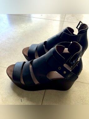 Caterpillar Black Strappy Wedge Sandals